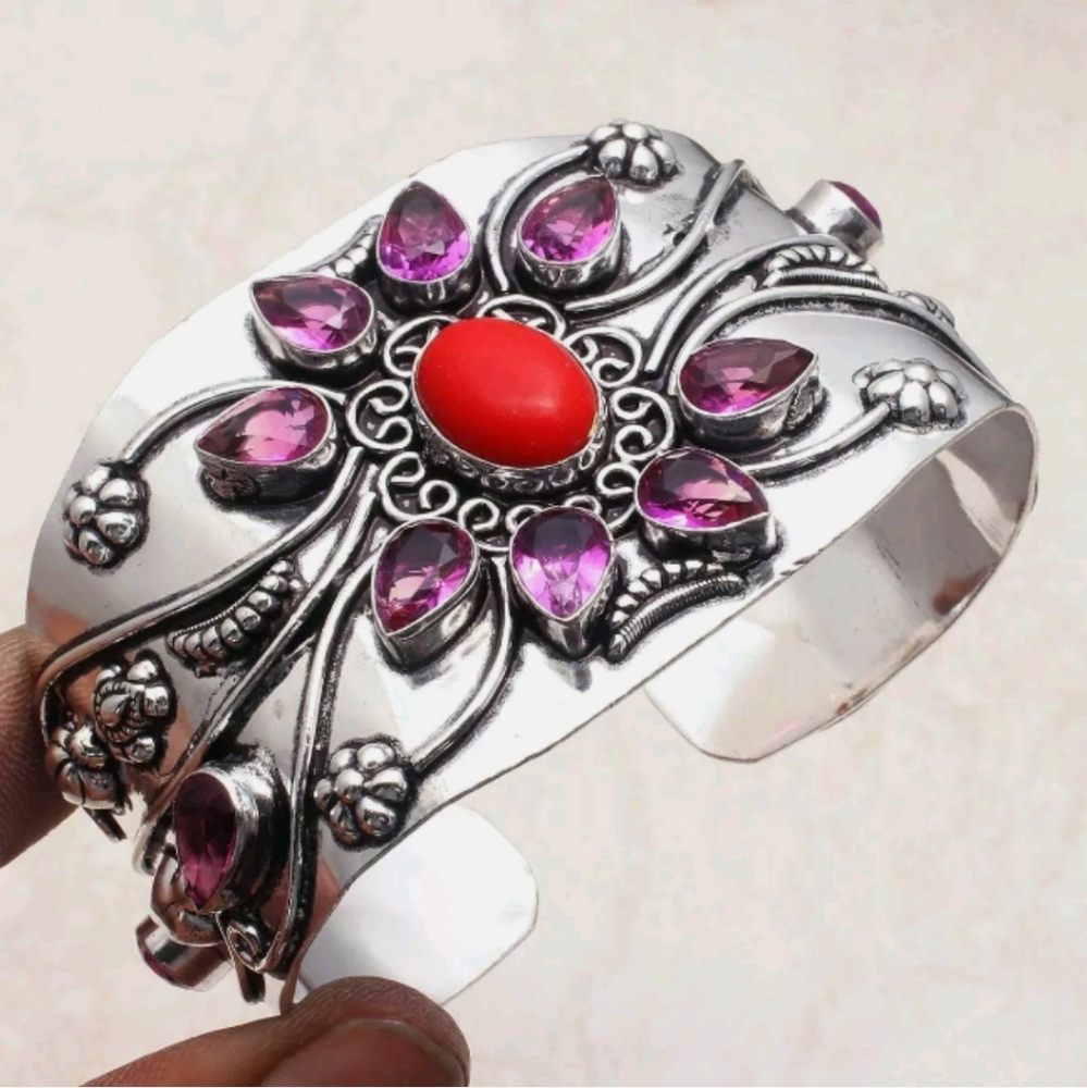 New Huge Coral & Amethyst 925 Silver Statement Bracelet.